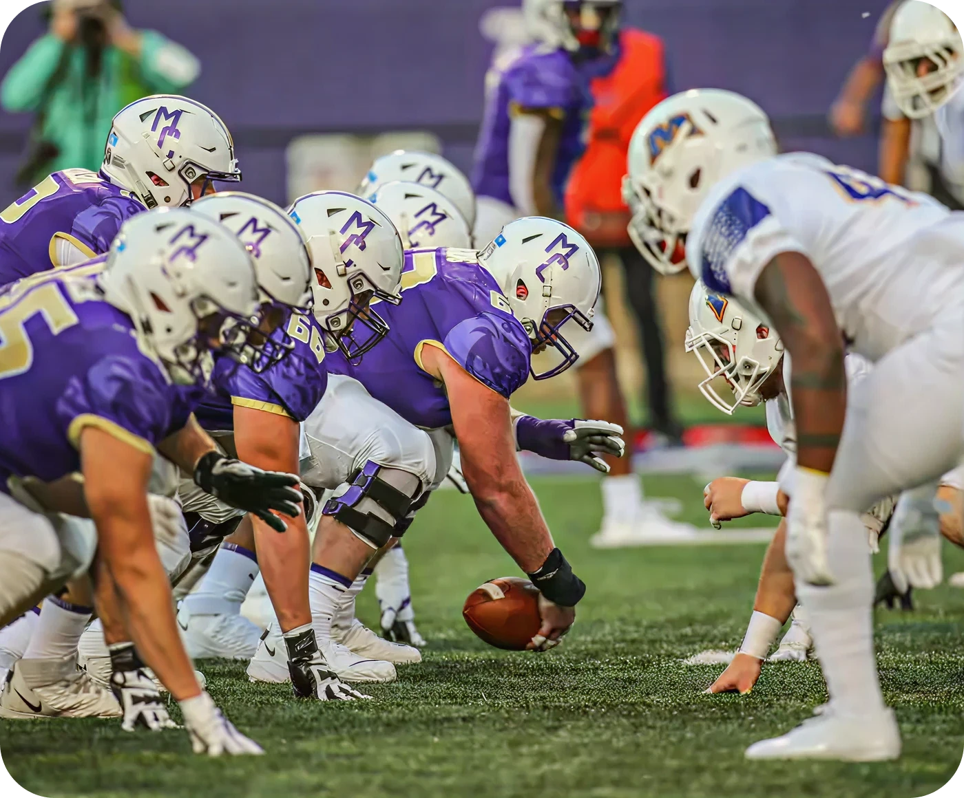 JMU football players facing off against Morehead in a game at Bridgeforth Stadium