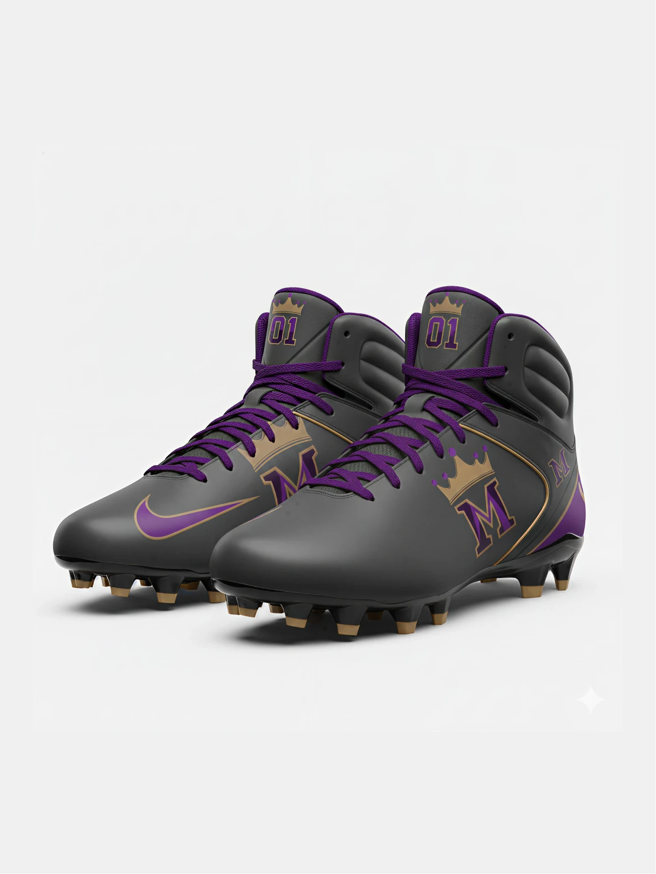 JMU football alumni cleats in purple and gold with Dukes crown logo